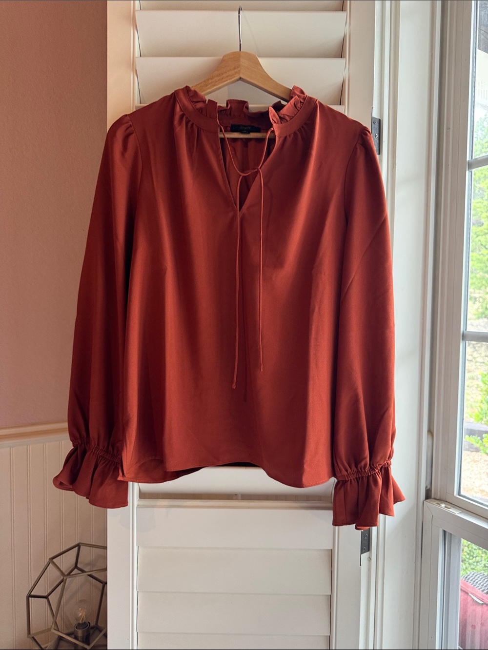 Women's Rust Long-Sleeve Ruffle Tie Neck Blouse